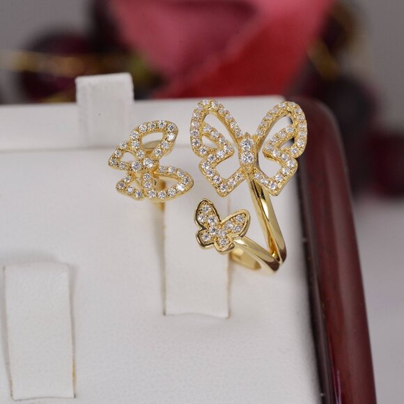 Certified Fully Iced Moissanite Butterfly Ring 925 Sterling YG - Picture 3 of 7